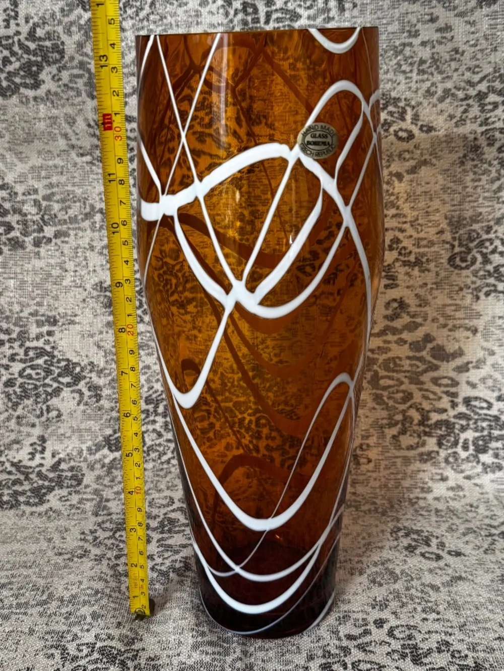 Hand Made Czech Republic Glass Bohemia Amber Vase w/White Abstract Lines
